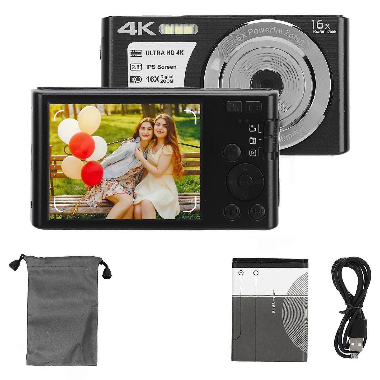 4k câmera digital 48mp 2.8 polegadas 16x zoom digital portátil câmera compacta para adolescentes iniciantes preto