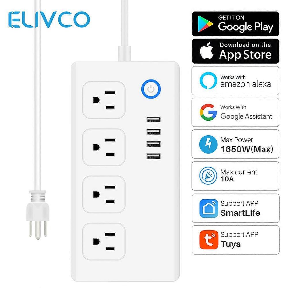Tuya - Wifi Smart Power Strip, 10a Us, 4 Outlets, 4 Usb Charging Ports, Voice Control, Smartlife App, Works With Alexa And Google Assistant