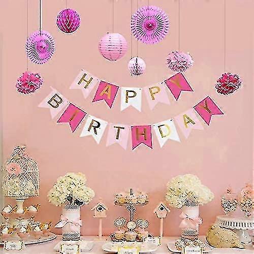 Pink Happy Birthday Banner With Gold Letters - 9ft Swallowtail Bunting For Party Decor - View #10