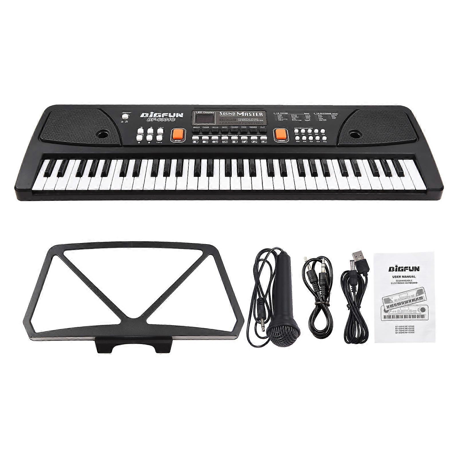 BIGFUN 61 Keys Rechargeable Electronic Organ Kids Electric Piano with Microphone Black Digital Music Electronic Keyboard with LED Display Built-in Dua