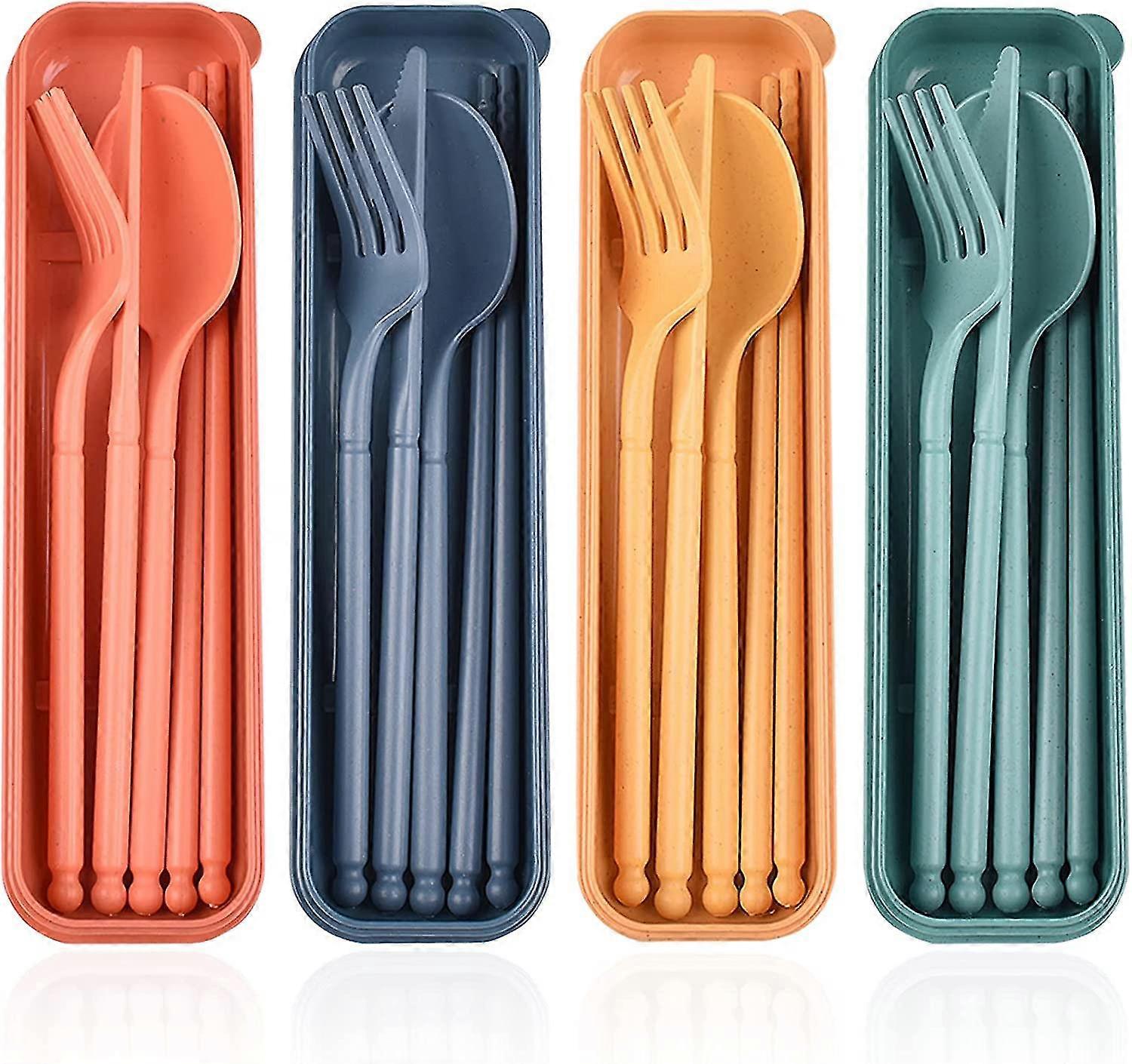 مجموعة أدوات المائدة للسفر مع علبة ، 4 مجموعات مجموعة أدوات مائدة التخييم المحمولة ، سكين أدوات المائدة البلاستيكية القابلة لإعادة الاستخدام ، شوكة ، ملعقة ، عيدان تناول الطعام لنزهة السفر في الهواء الطلق