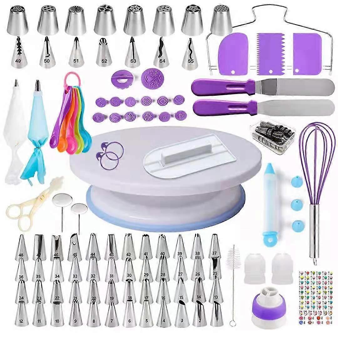137 piece kit including cake turntable, decorated nozzle, cake layer, cutter, scraper, egg beater, cake making and pastry tools.