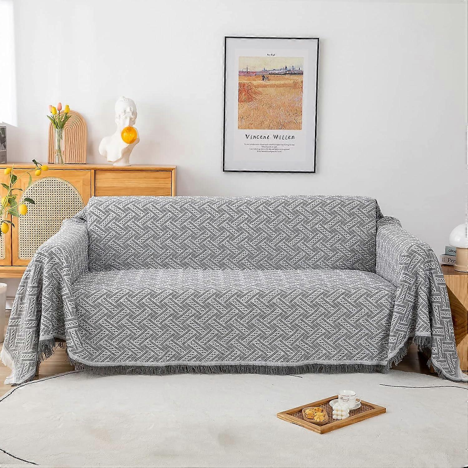 Multifunctional Bed Throw or Sofa Throw,Interweaving Blanket with Pompoms,180 x 230cm