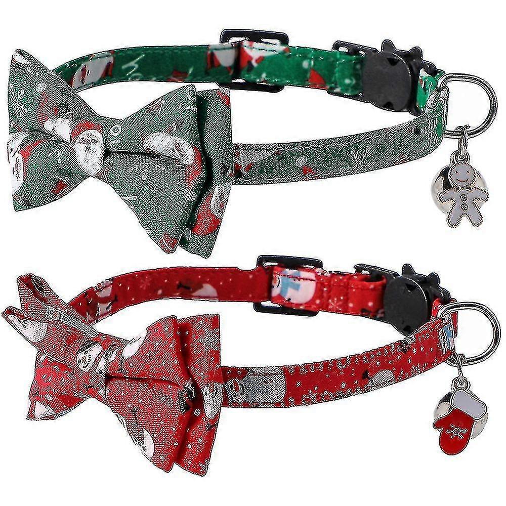 2 Pack Christmas Cat Collar Breakaway With Removable Bow Tie With Bell Adjustable Christmas Pattern