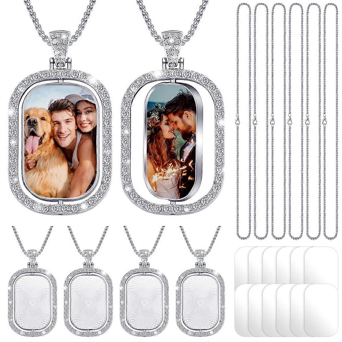 24Pcs Sublimation Rhinestone Trays Pendant Set, 6 Blank Bezel Trays, 6 Pcs Chains with 12 Discs, Rectangle Style