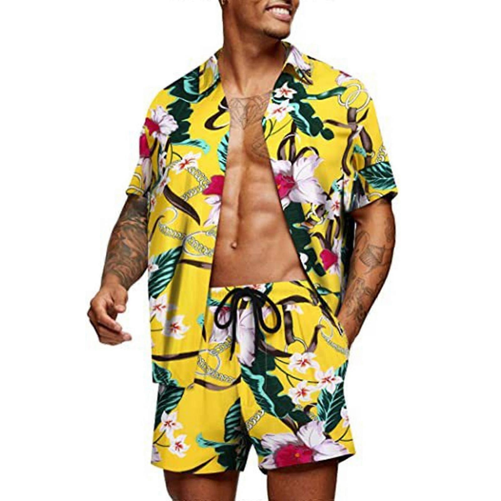 Erkek Hawaii Beachwear Takım Yaz Boho Gömlek Şort 2 Parça Set