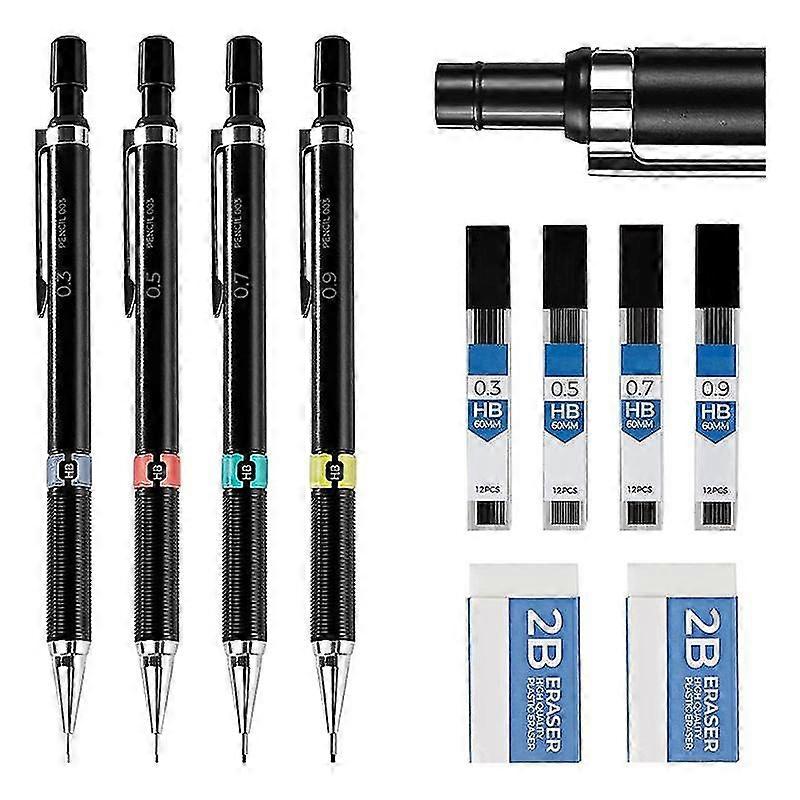 Mechanical Pencil Set 0.3 0.5 0.7 0.9mm,automatic Pencil,4 Pcs With Erases And S F