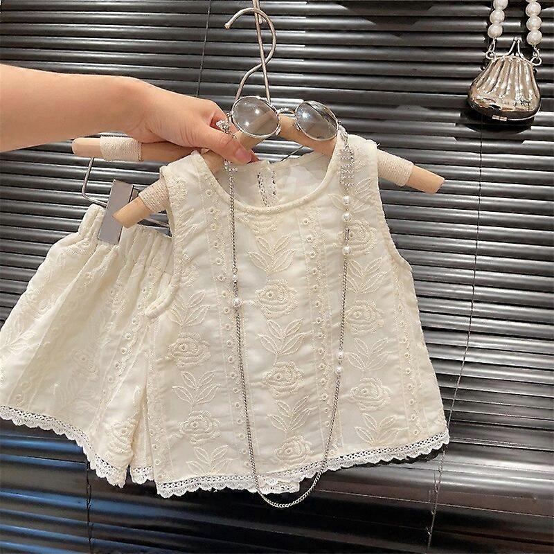 Verão Crianças Bebê Menina 2PC Roupas Set Algodão Oco Renda Sem Mangas Colete Elástico Cintura Shorts Terno Crianças Crianças Outfit