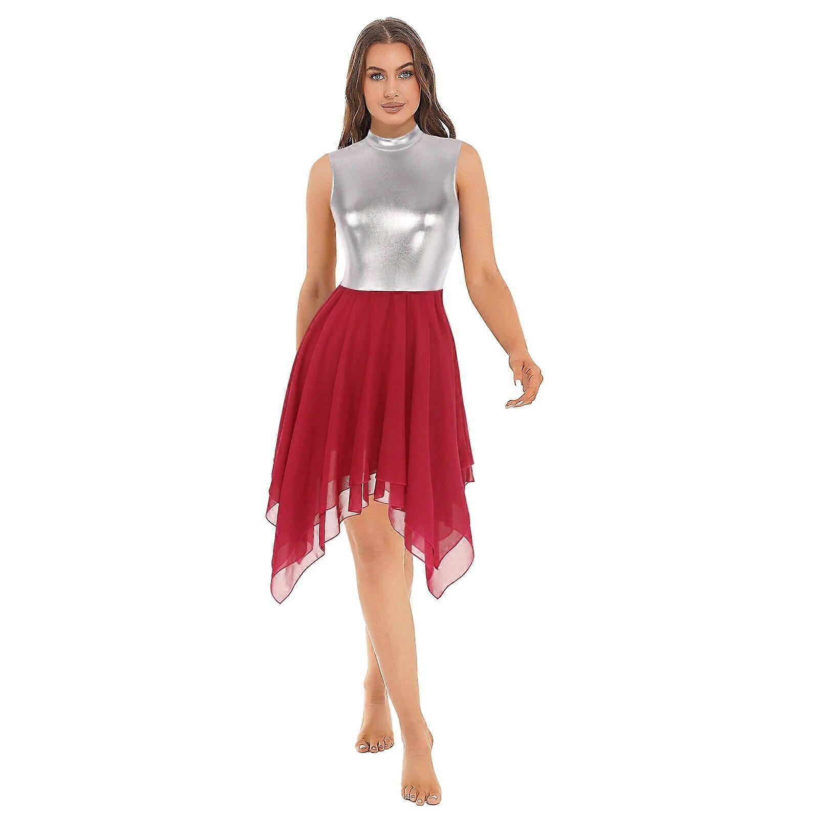 Womens Metallic Color Block Sleeveless Ballroom Dancing Dress Irregular Chiffon Lyrical Dance Dresses Stage Performance Costume