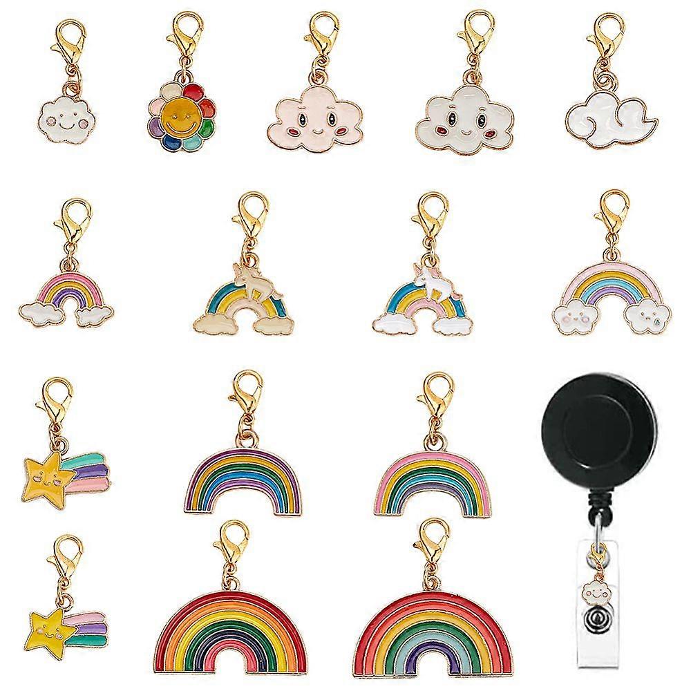 15Pcs Rainbow Alloy Enamel Badge Reel Pendant Decoration with Alloy Lobster Claw Clasps Mixed Color 24~32mm