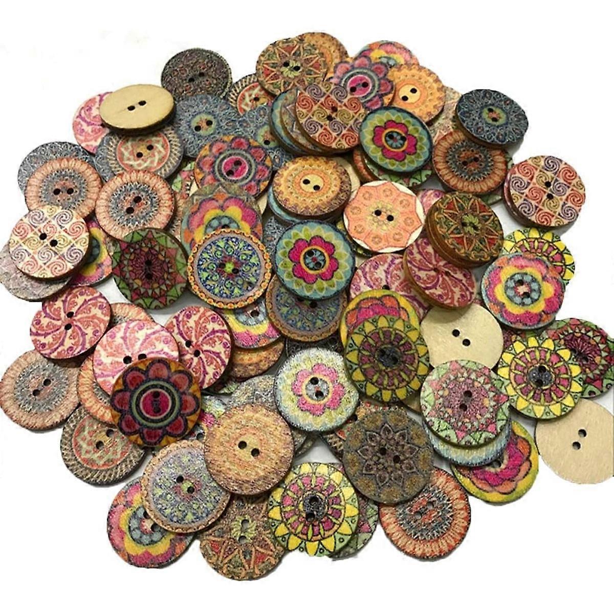 100PCS Wooden Buttons for DIY Crafting, Vintage Round and Flower Sewing Buttons (20mm)