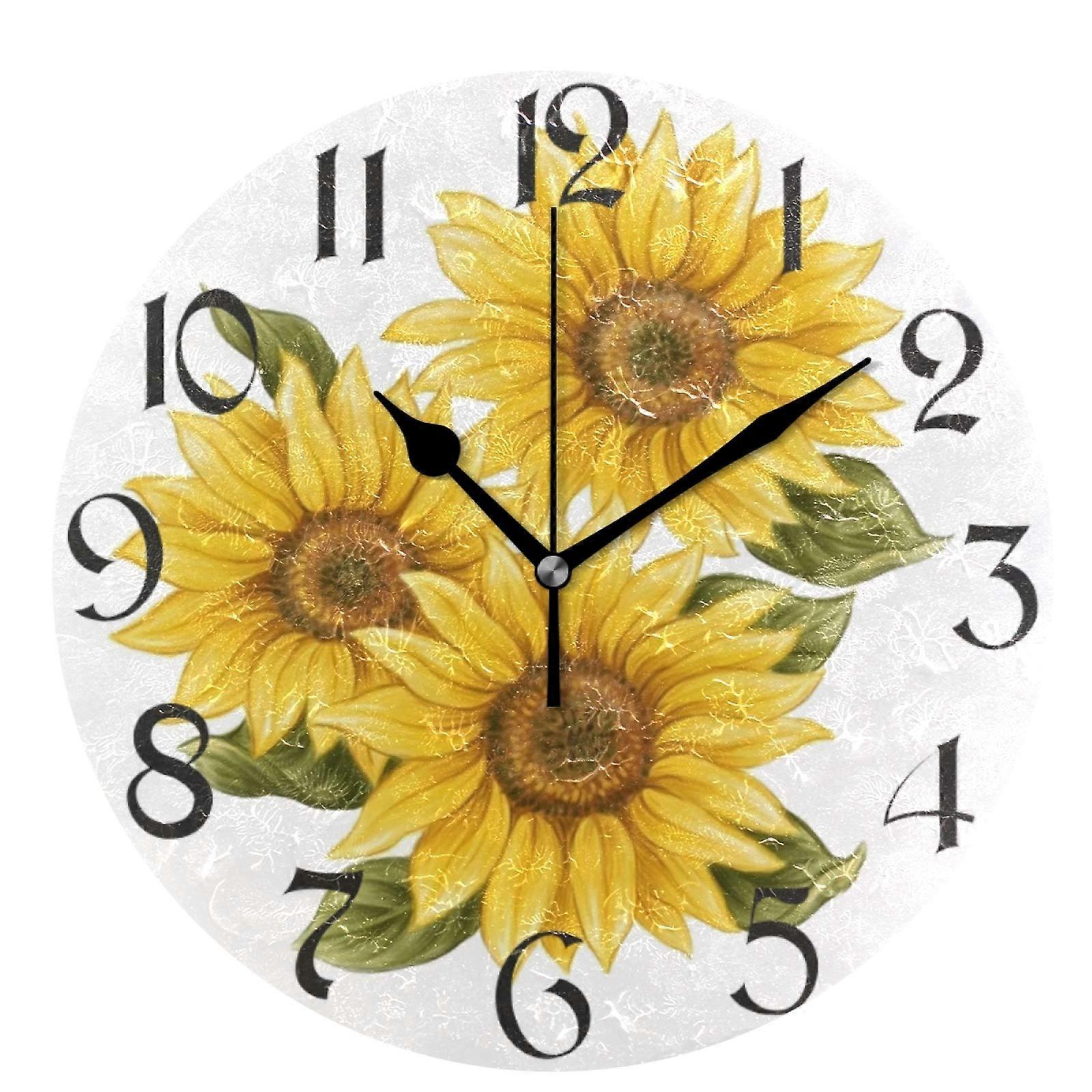 Sunflower Silent Wall Clock 10 Inch - Decorative Round Battery Operated Clock with No Tick Feature in Yellow Design