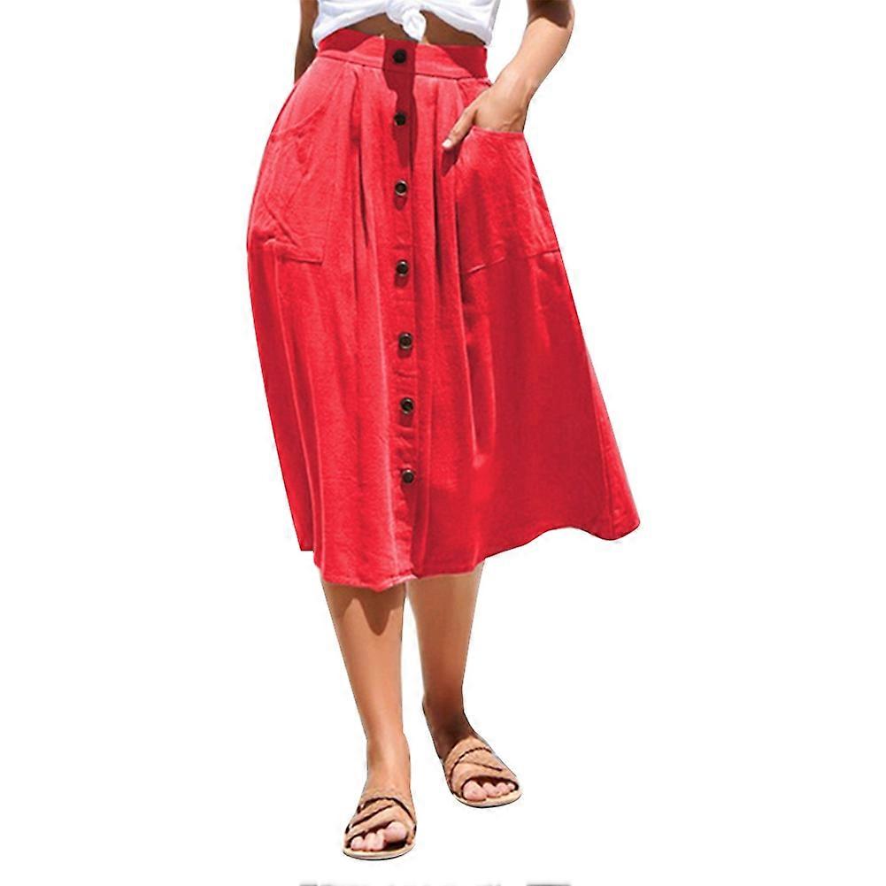 Divat Női Nyári Gomb Dekorációs Szoknya Egyszínű Zsebszoknya (Piros S)