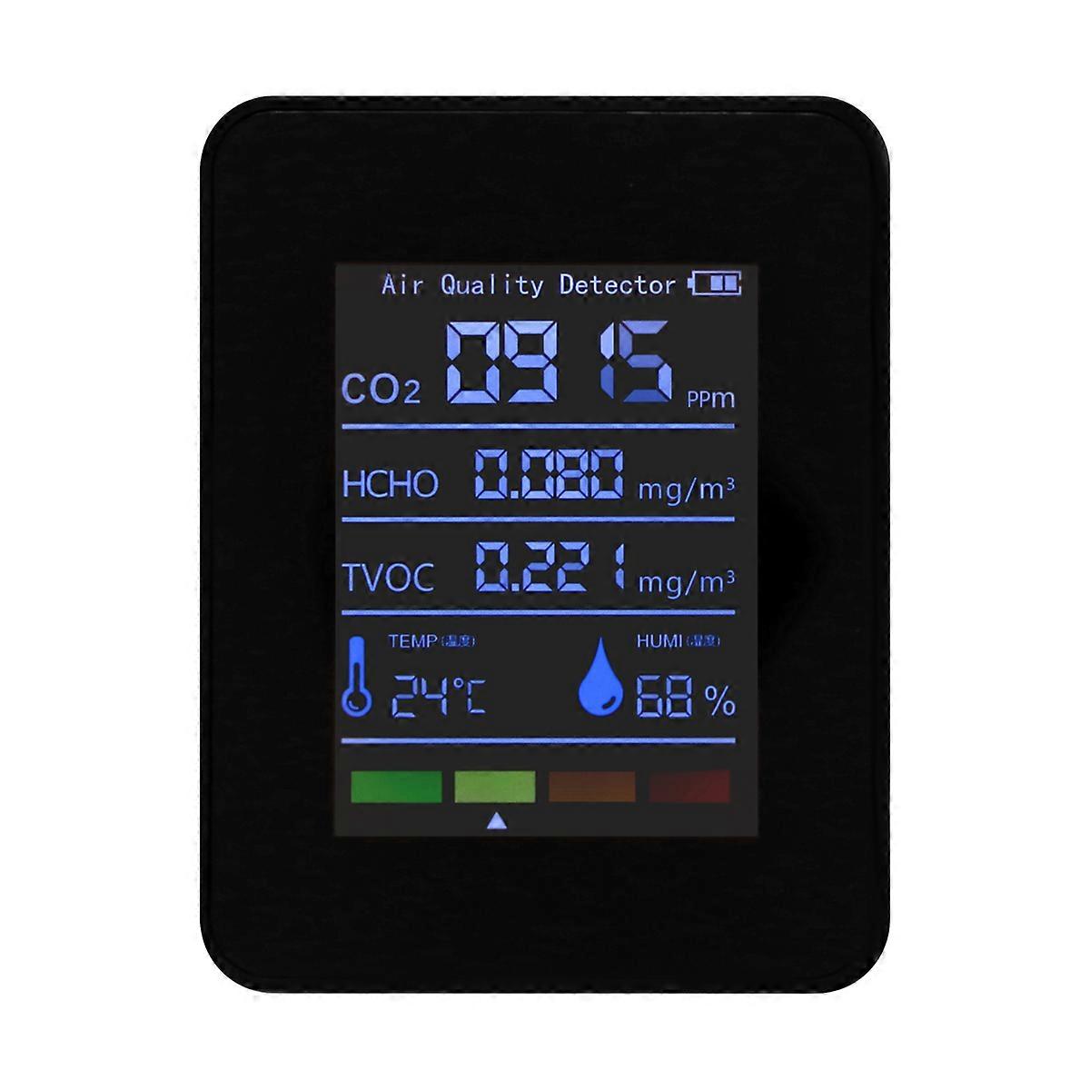 5 in 1 Air Quality Monitor TVOC HCHO Temperature Humidity CO2 Meter, USB Rechargeable CO2 Detector Black