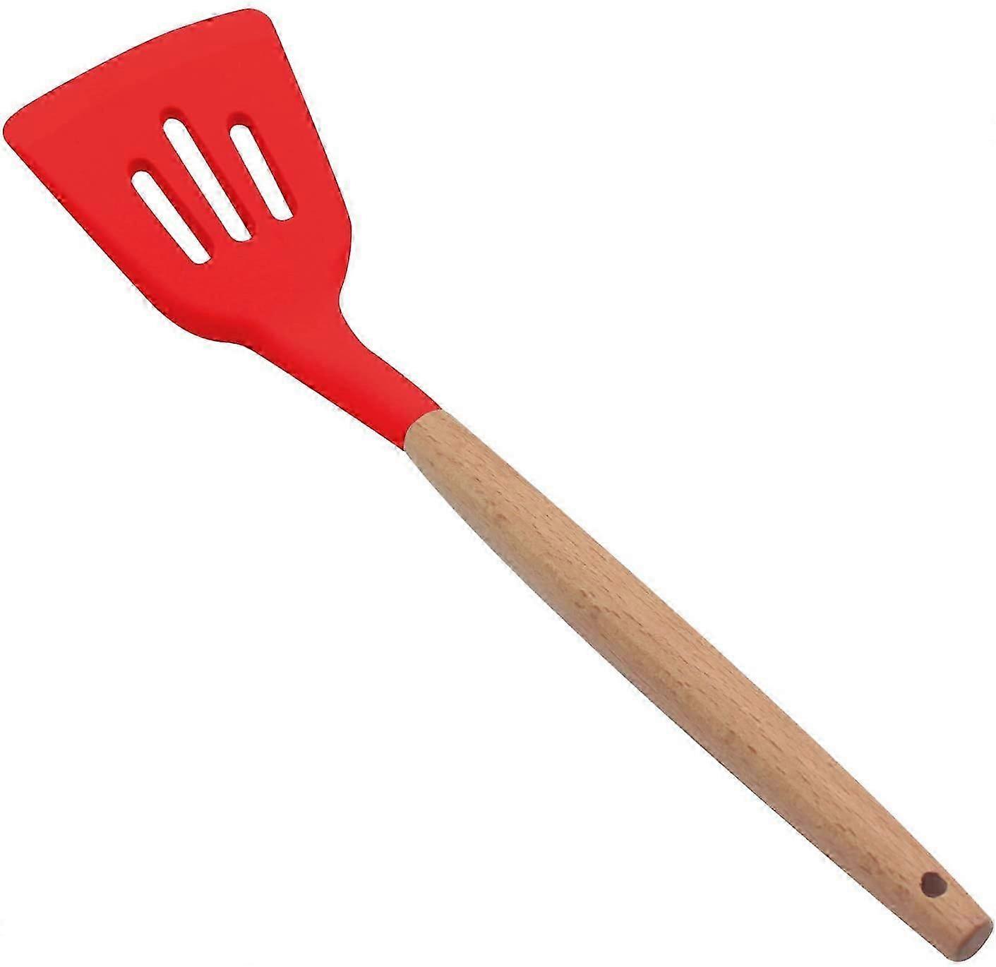 Silicone Slotted Spatula, High Heat Resistant to 480F, BPA Free, Food Grade Slotted Turner, Wooden Handle Nonstick Flipper for Fish, Eggs etc(Red)