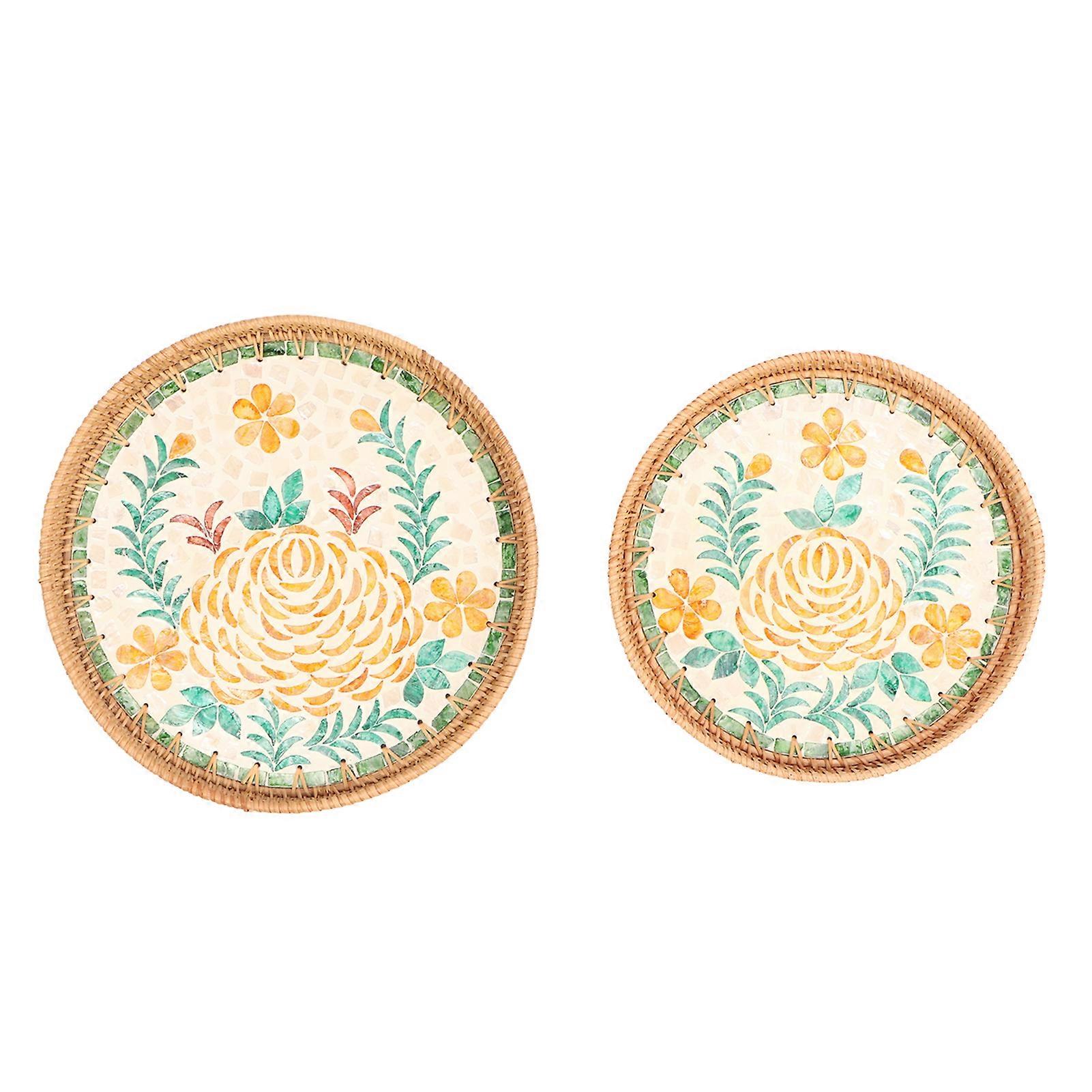 2pcs Woven Snack Serving Tray Round Eco Friendly Traditional Handmade Art Style Rattan Decorative Tray for Food Fruit Peony Pattern