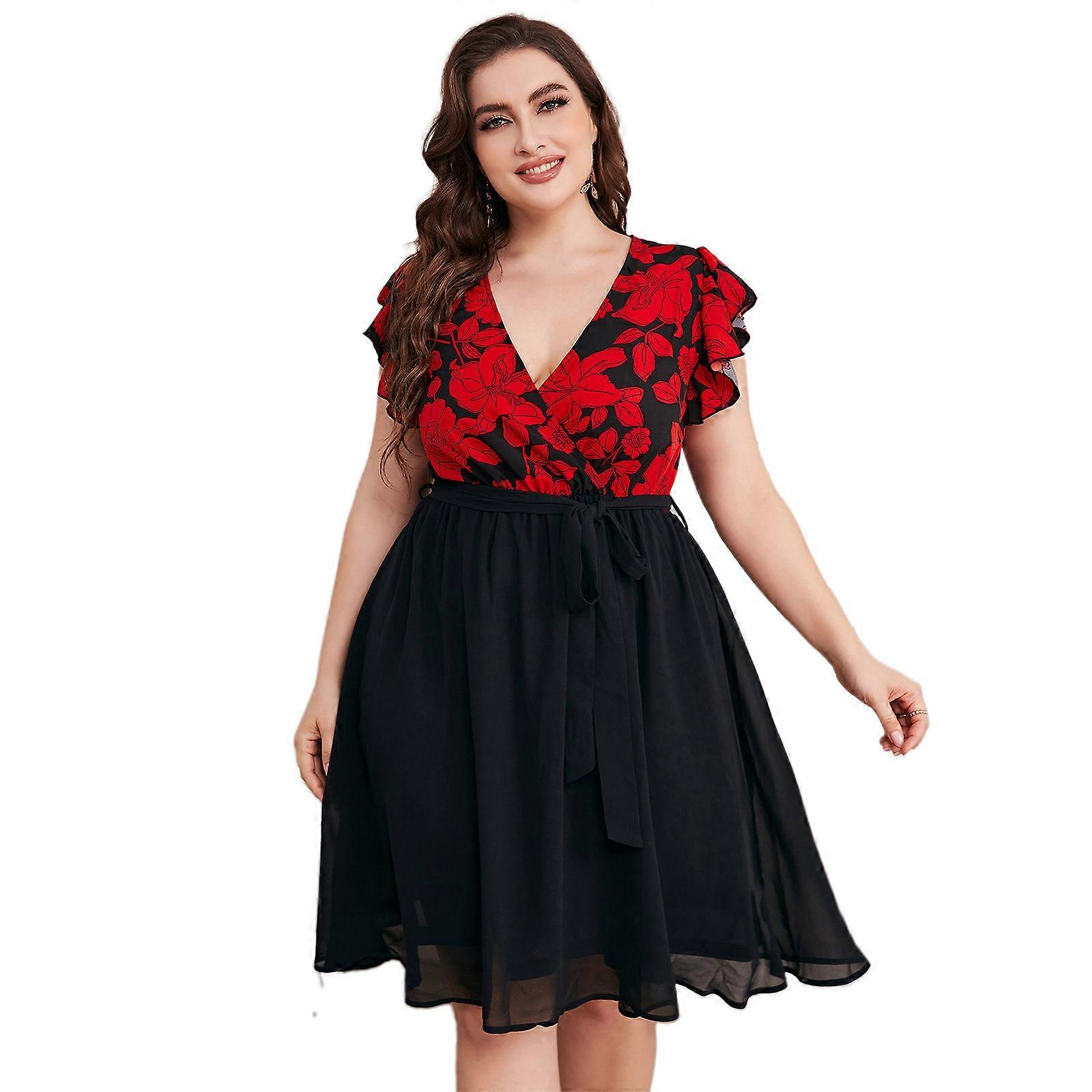 Damen V-Ausschnitt dehnbar casual midi Übergröße Brautjungfernkleid Patchwork Freizeitkleid rot XL