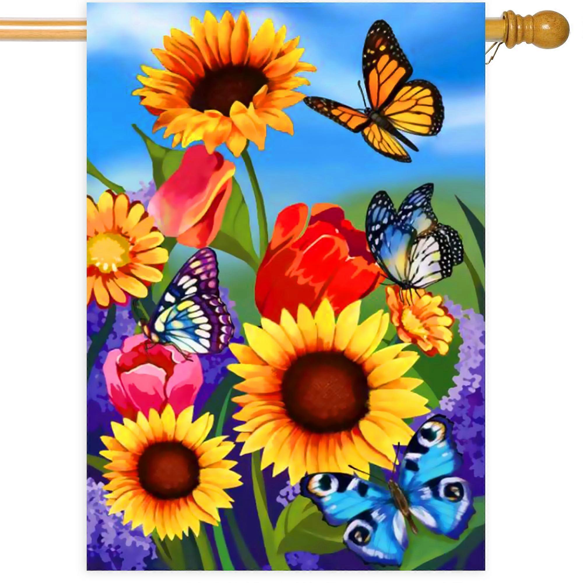 Spring Big Garden Flag 28x40 Double Sided Vertical, Monarch Butterfly Flower Welcome
