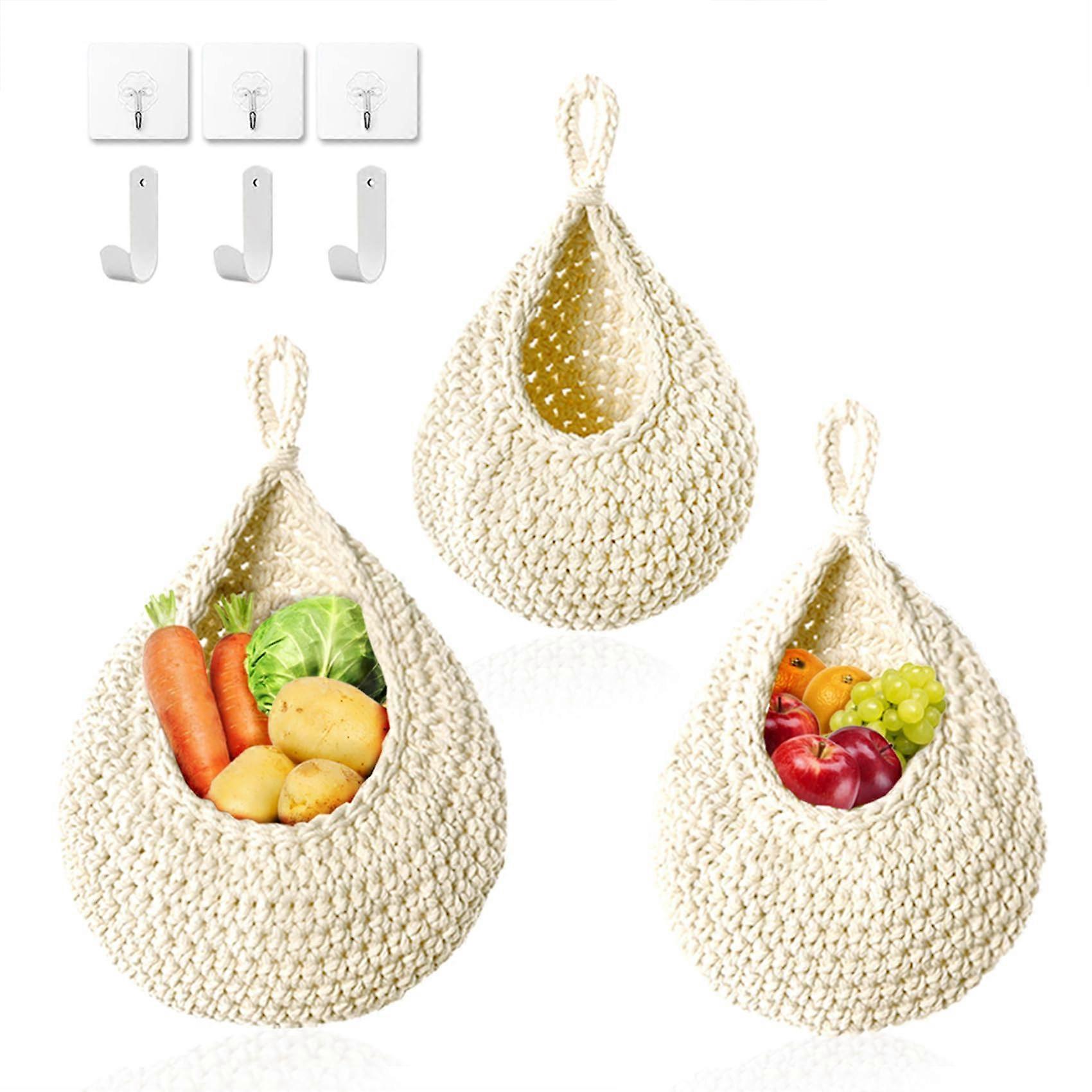 3 Pack Boho Handwoven Hanging Fruit Baskets for Kitchen Storage Home Produce Basket