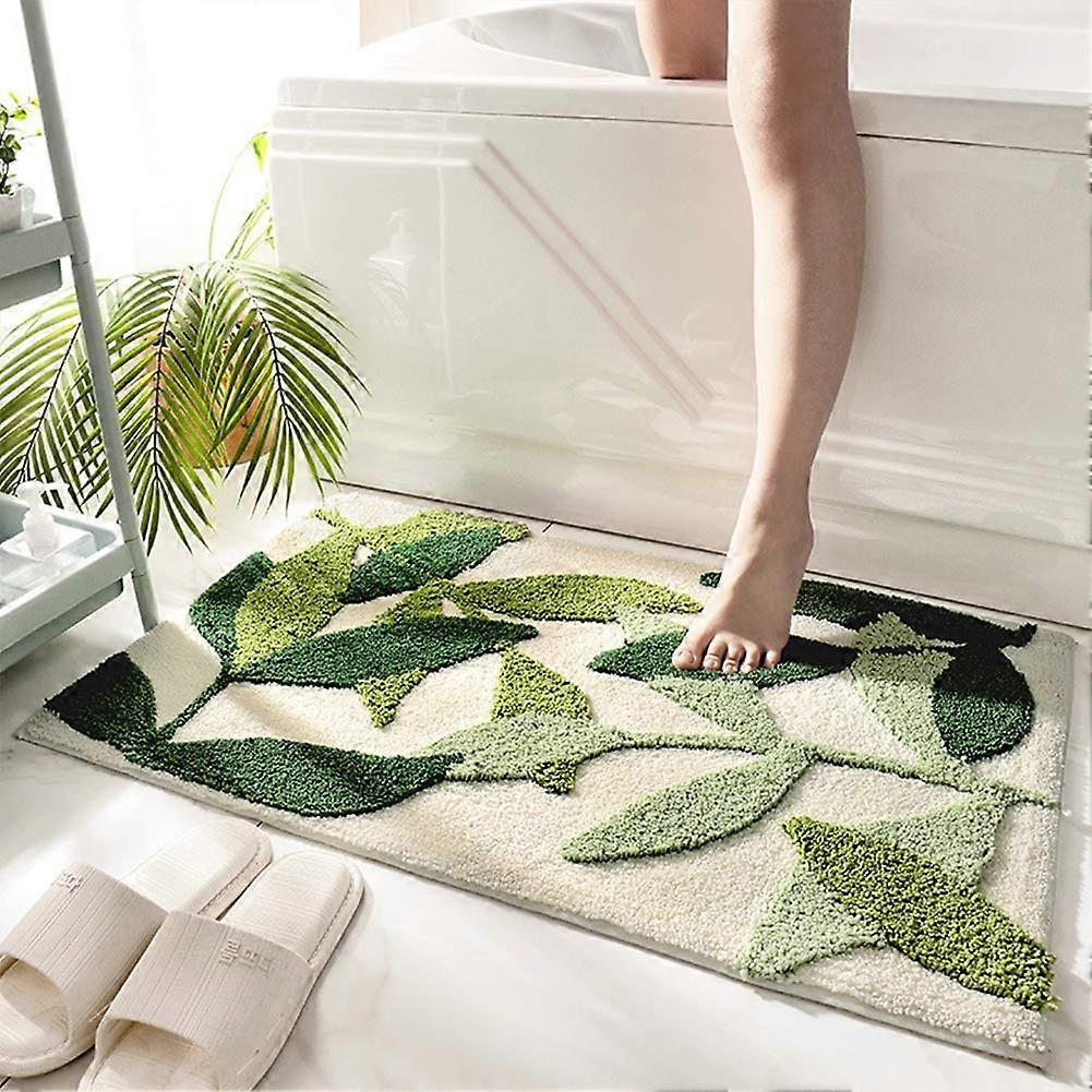Throw Bathroom Rugs and Mats 20"x32" Soft Non Slip Green Bath Rug with Leaf Design Machine Washable Floor Mat