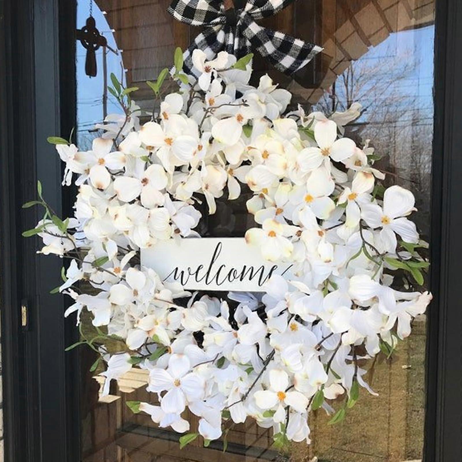 Spring Summer Floral Decor - Hydrangea White Artificial Flower Wreath for Front Door, All-Season Hanging Arrangement