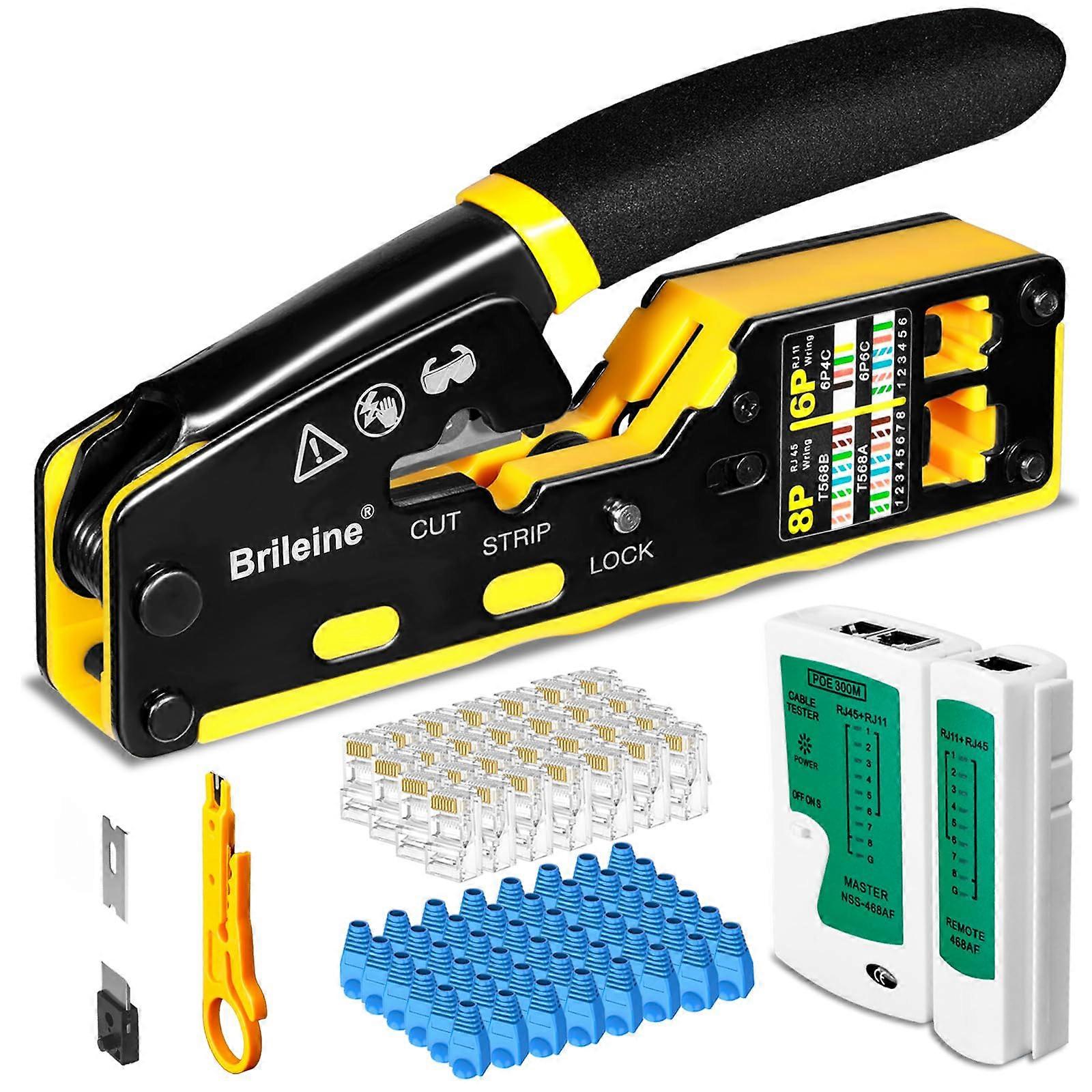 RJ45 Crimp Tool Pass Through Kit Ethernet Crimper Cat5 Cat5e Cat6 Crimping Tool for RJ11/RJ12 6P/8P with Network Lan Cable Tester
