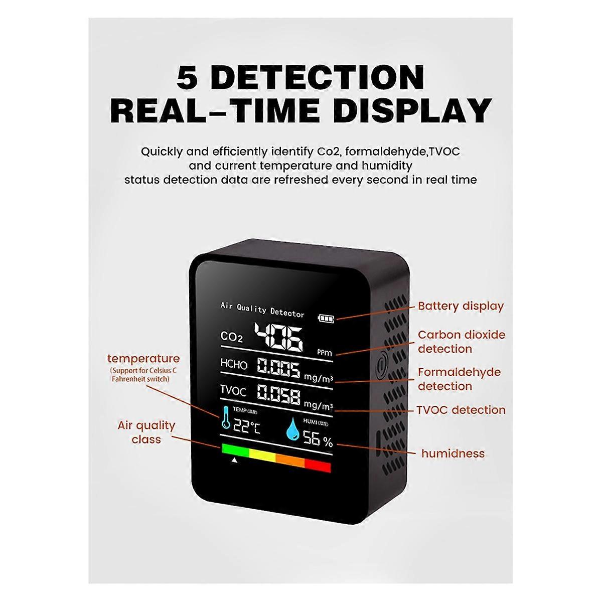 Air Quality Monitor 5 in 1 Air Quality Detector C02 Detector Black