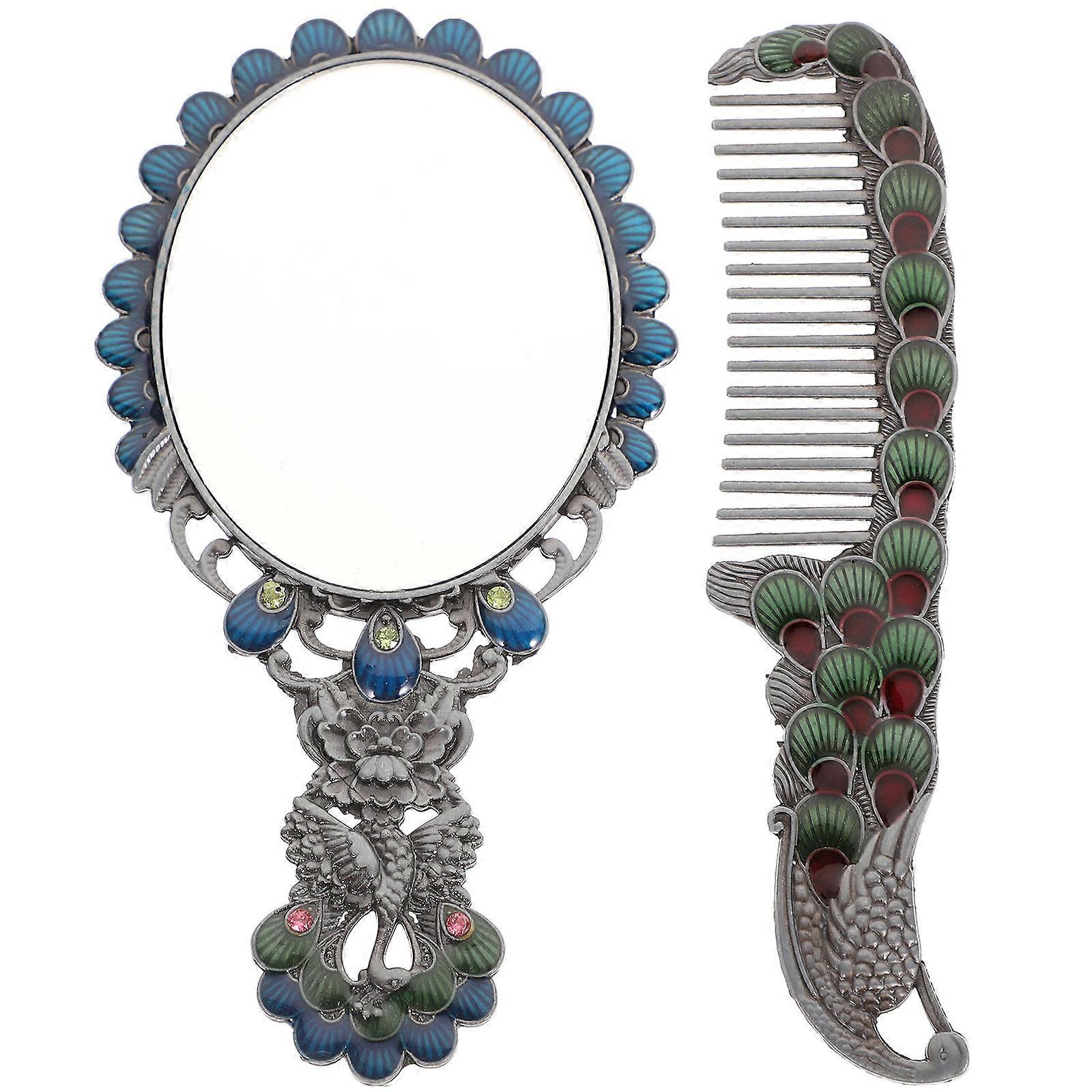 Vintage Handheld Mirror and Comb Set, Portable Lightweight Durable Travel Makeup Mirror for Parties and Picnics