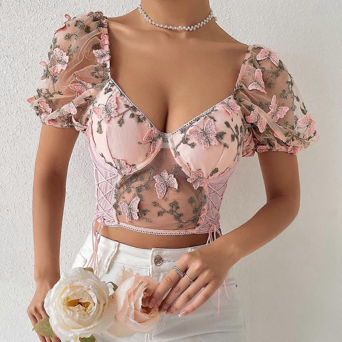 Girl Halter See-Through Strap Stitching Gauze Vest Puff-Sleeved Corset Drawstring Crop Top