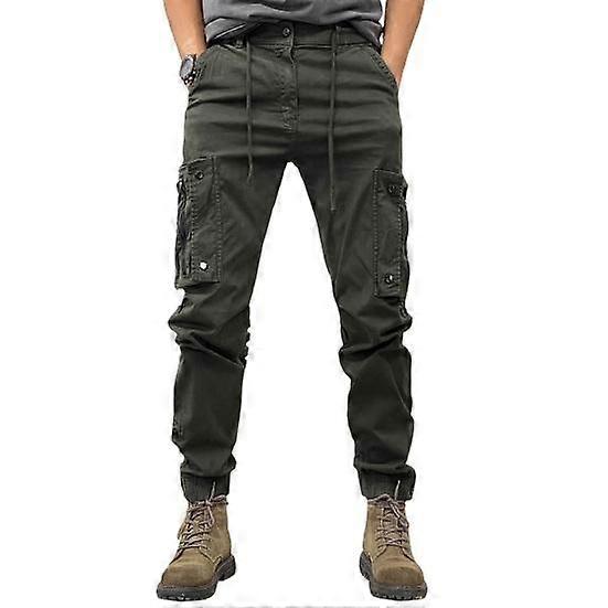 Spring Fall Men Cargo Pants Drawstring Waist Multi Pockets Ankle-banded Solid Color