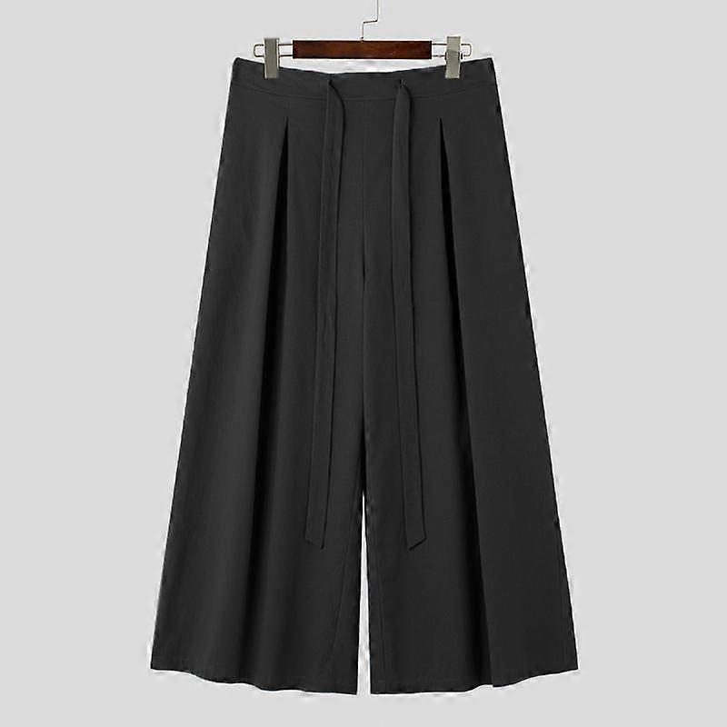 INCERUN Men Solid Color Drawstring Elastic Waist Pants Straight Wide Leg Cropped Trousers