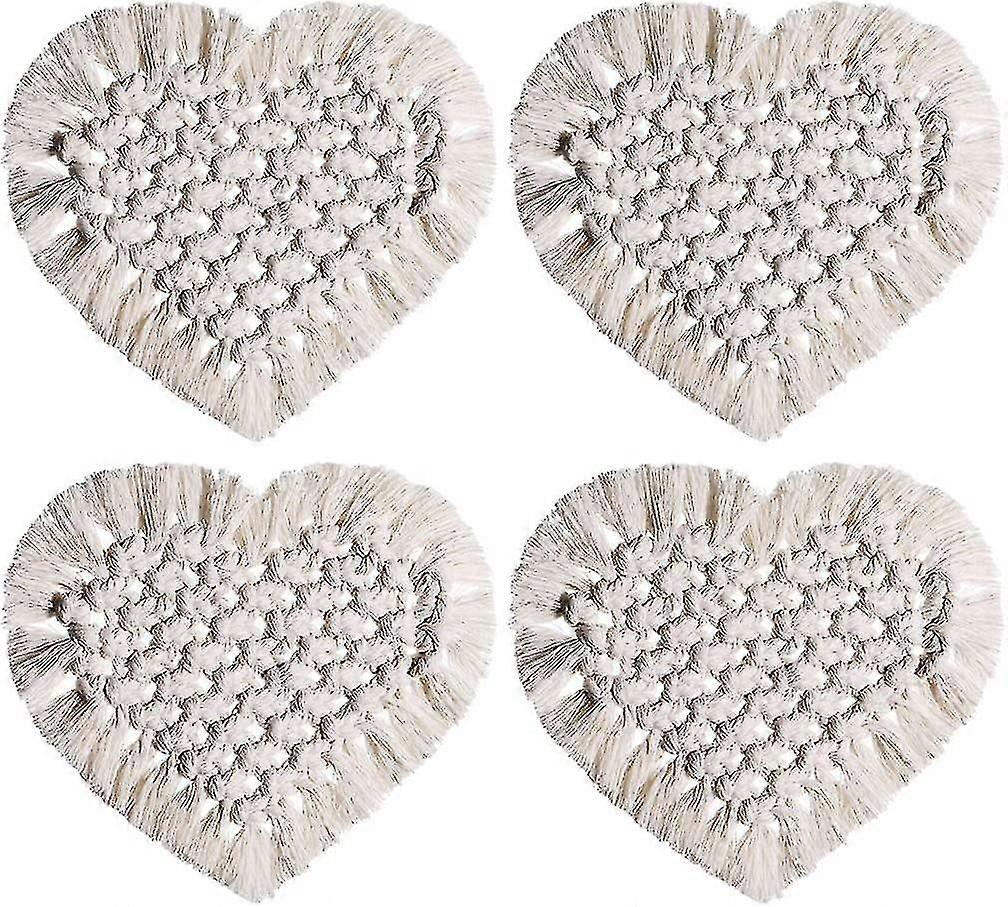 タッセル付き自由奔放に生きるハートマクラメコースター-手作り吸収性ドリンクコースター(ベージュ、7 "x6")