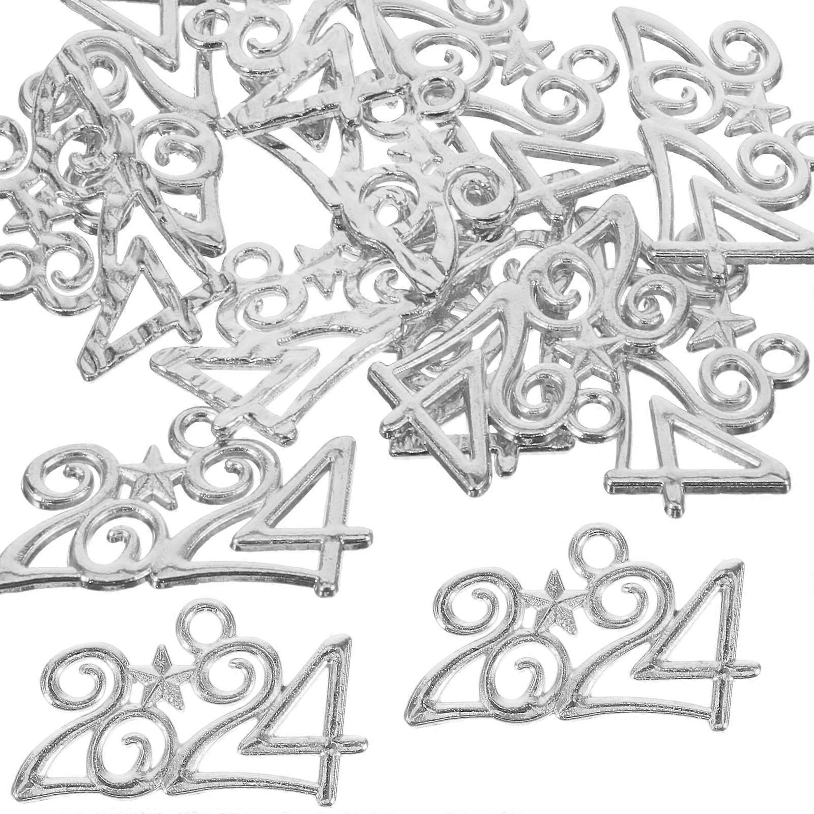 Unique Charms For Jewelry Making Diy Charm Necklace Number Shape New Year 2024 Bright Surface Silver 50Pcs
