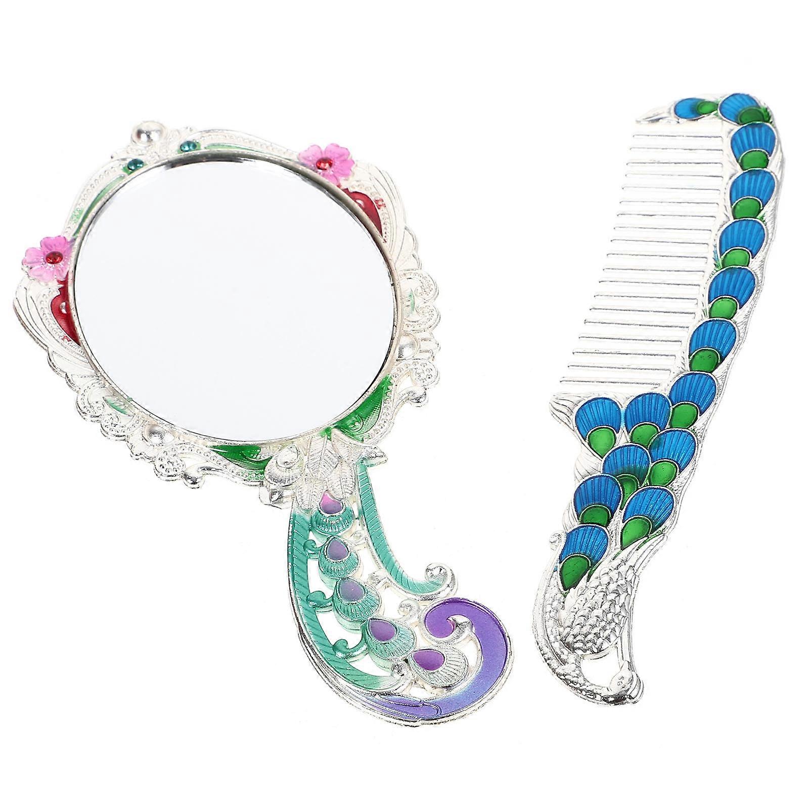 Handheld Makeup Mirror with Comb for Business Trips Silver 1Set