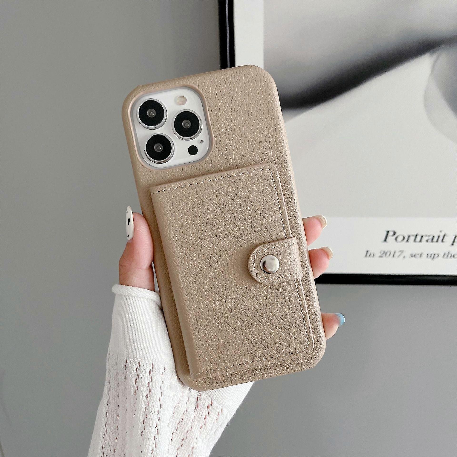 Case For Iphone 13 Left And Right Opening Card Holder Small Lychee Pattern Khaki Multifunctional No684
