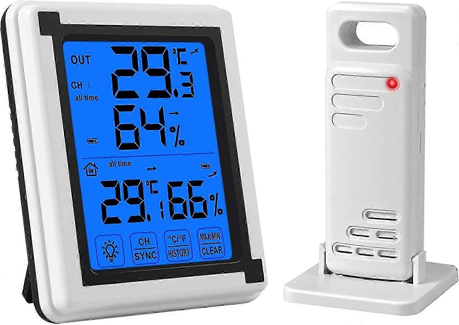 Digital Wireless Hygrometer Indoor Outdoor Wireless Thermometer With Touch LCD Remote Sensor Backlight Temperature Humidity Monitor for Home Office Gr