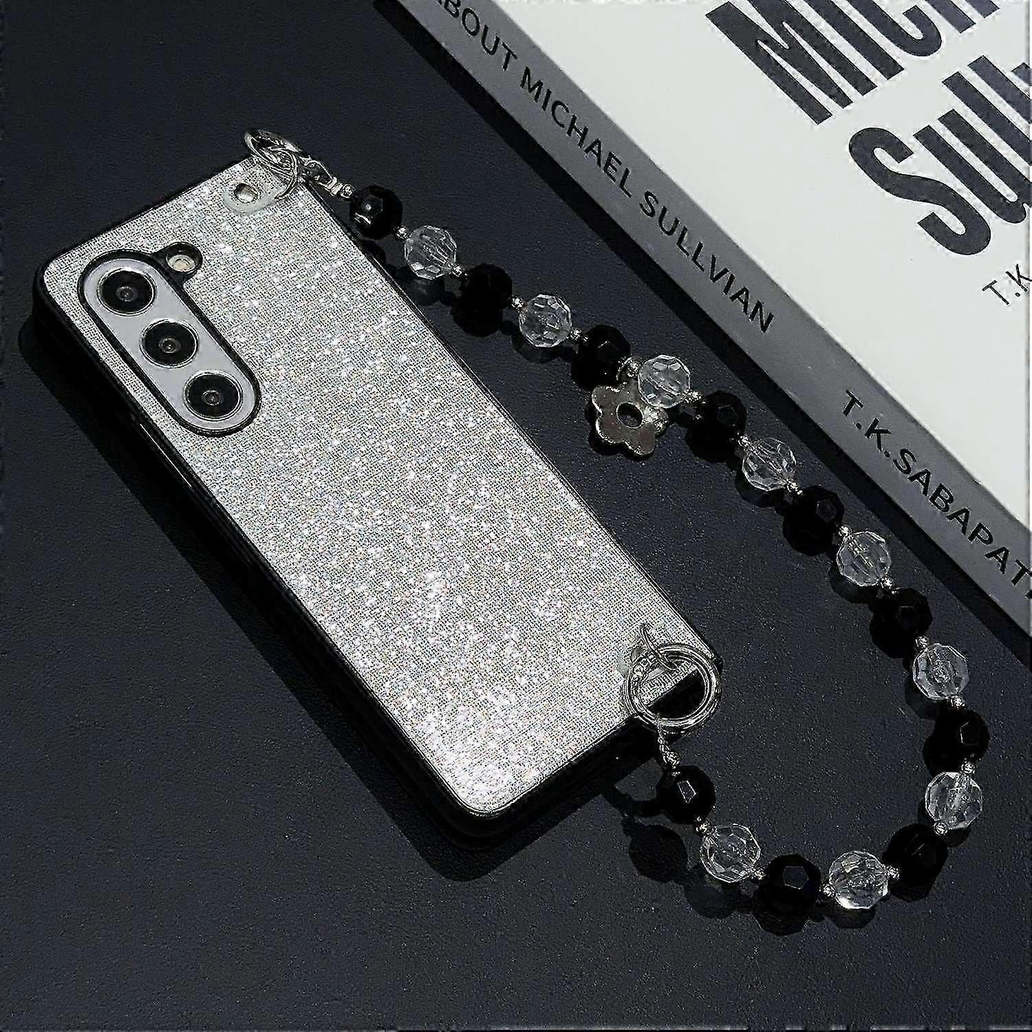 Glitter Finish Leather+PC Phone Case with Beaded Strap for Compatible Devices