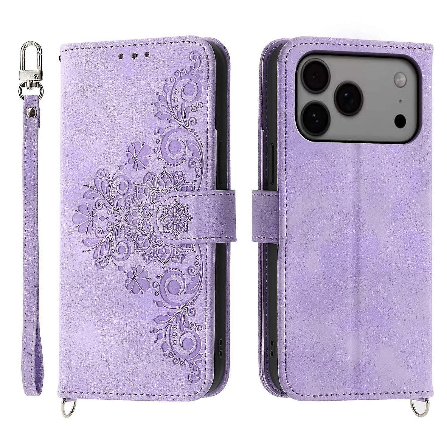 For iPhone 17 Pro Max Case Flower Pattern PU Leather Wallet Phone Cover with Strap