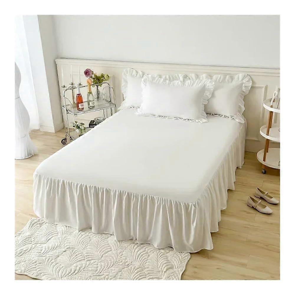 Plain bed skirt with lace, ruffled, white, 180 x 200 cm
