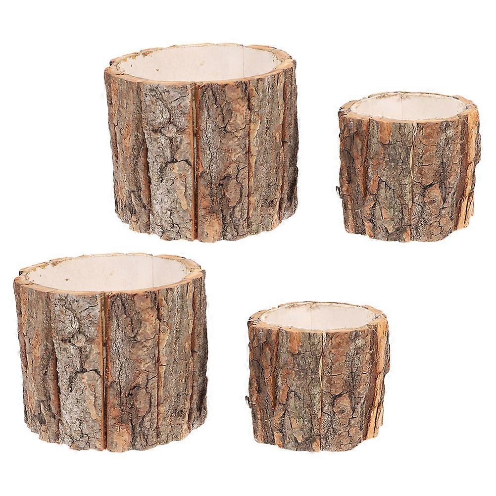 Wood Planter with Tree Bark Design for Indoor Storage Use Dark Brown Small Flower Pots 4 Pieces