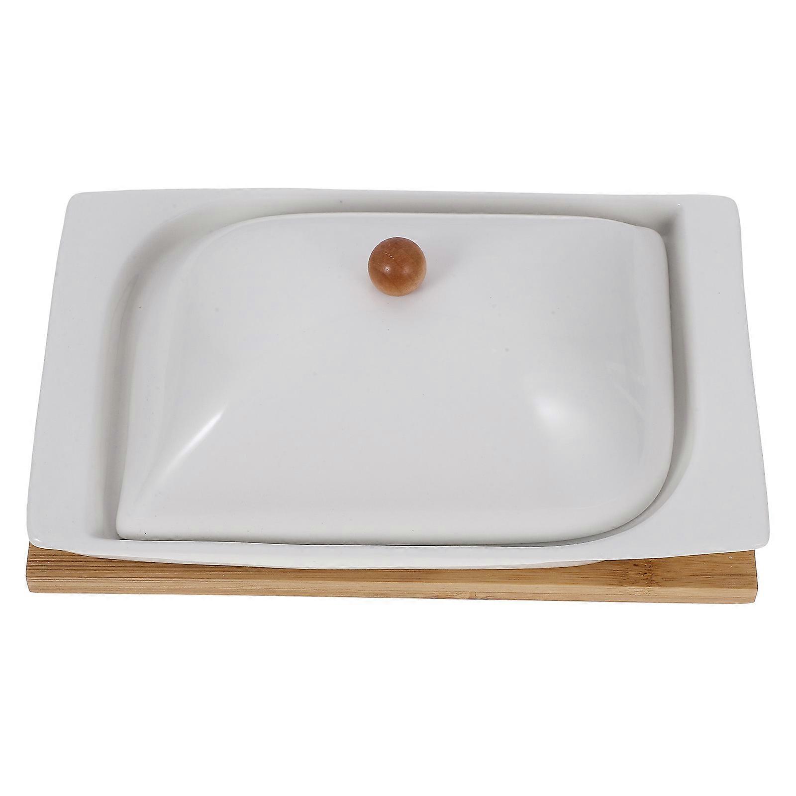 Butter Dish Ceramic Wood Base Kitchenware Fresh Keeping Household Item 19X11.5X7CM 1Set