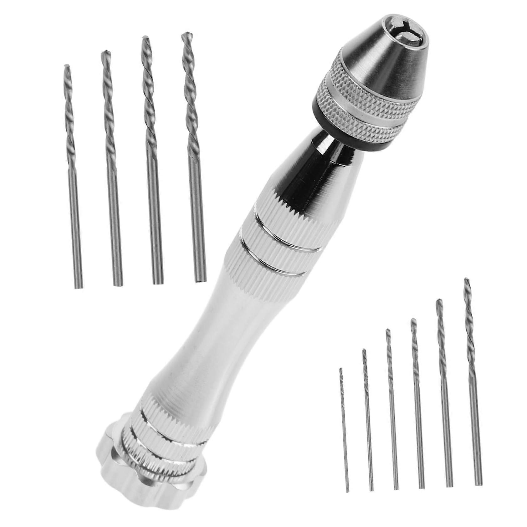 Manual Mini Hand Drill Set For Woodworking, Aluminum Alloy Construction, Silver Color, Compact Handheld Drill