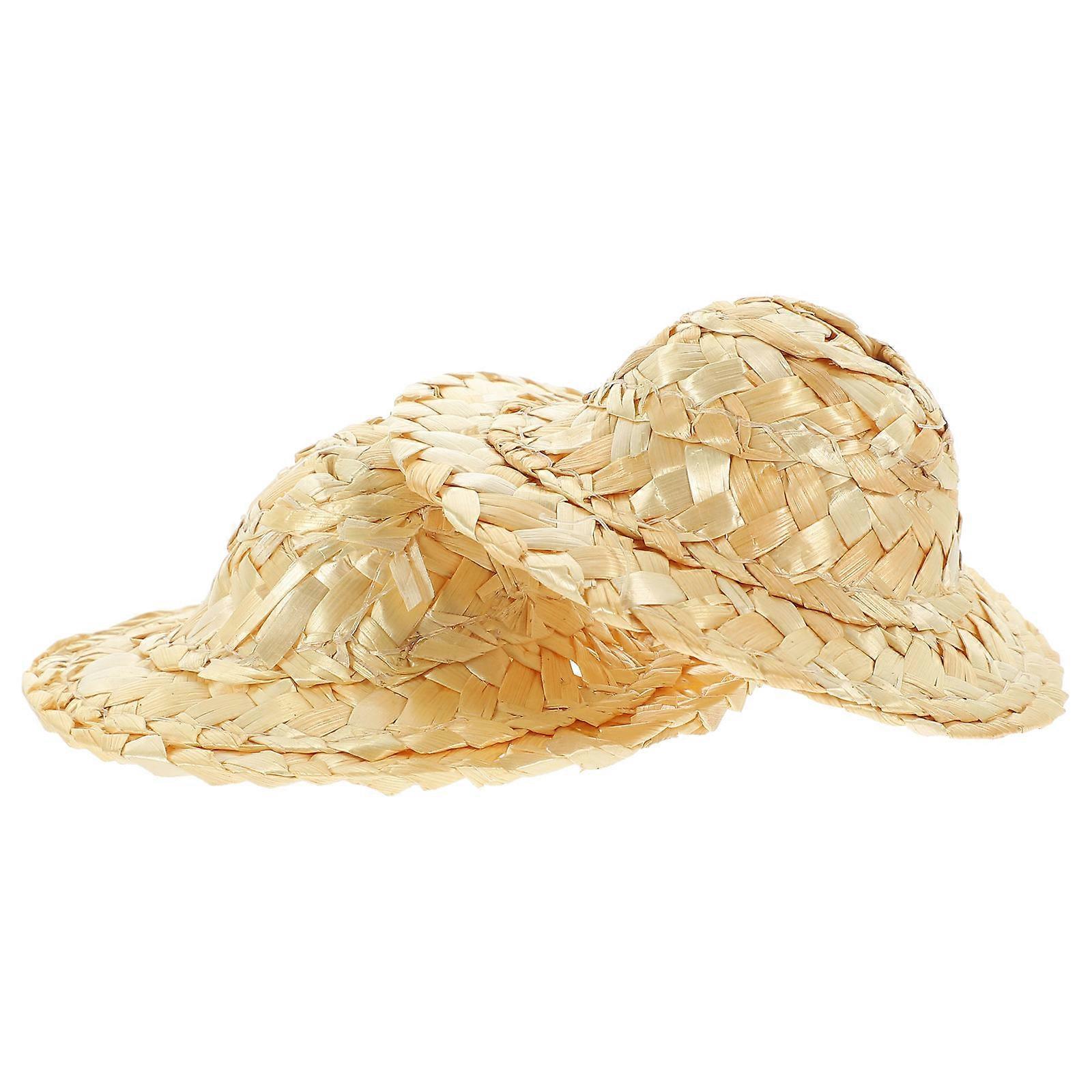 Khaki Braided Straw Hat Model for Decor with 2Pcs Tiny Straw Hats