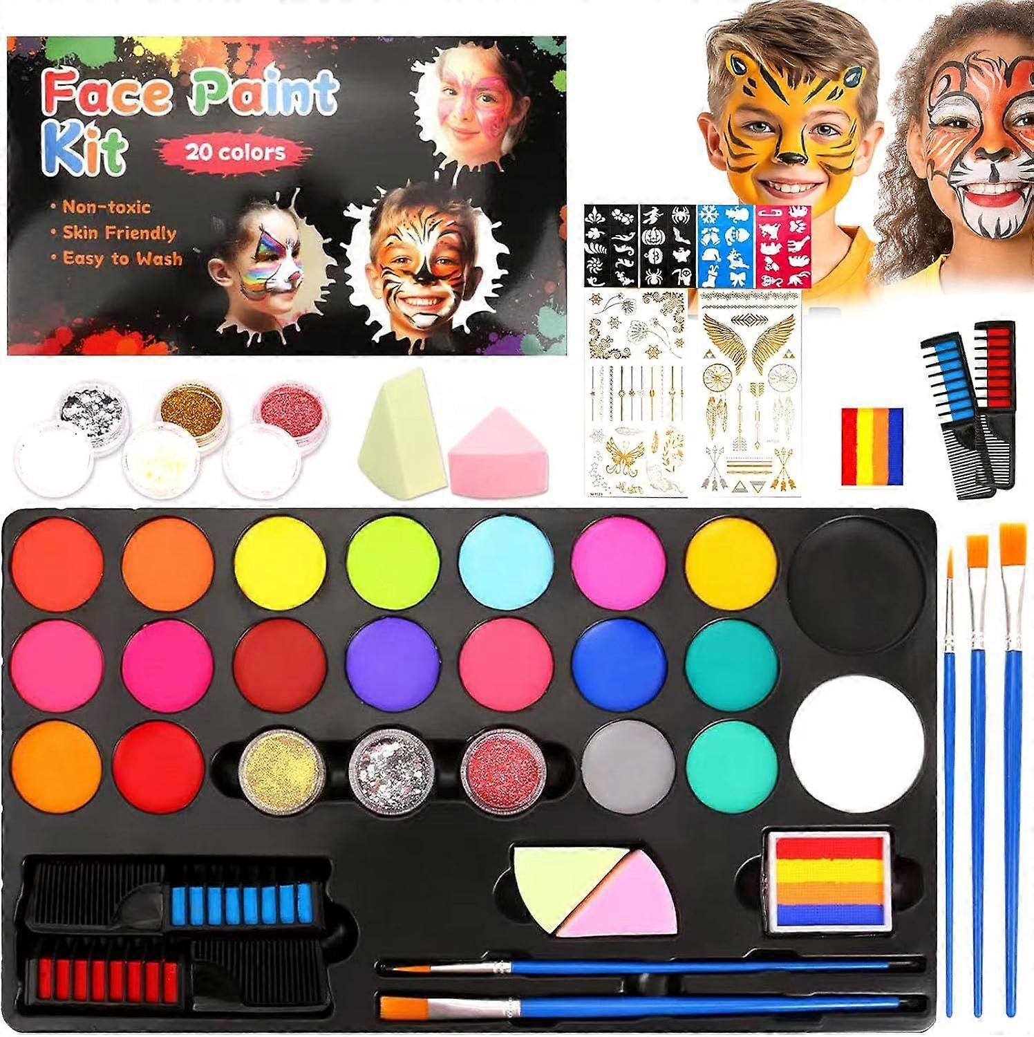 طقم طلاء الوجه للأطفال ، 20 لونا من طقم طلاء الوجه غير السام ذو الأساس المائي ، طلاء وجه احترافي للأطفال مع الإستنسل والفرش - الحفلات ، Birthd