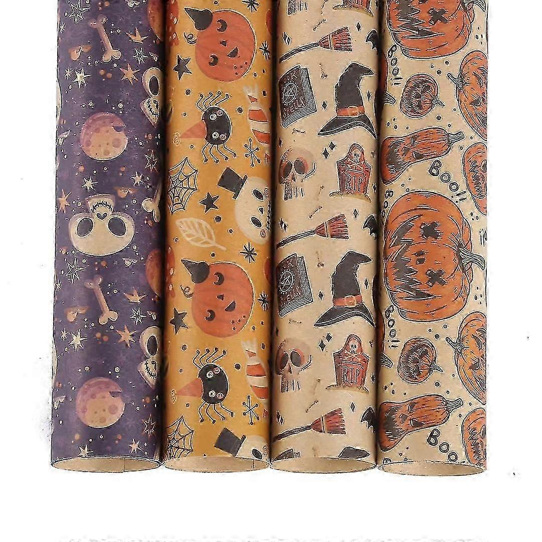 4 Sheets Halloween Brown Kraft Gift Wrapping Paper for Vintage Day of the Dead