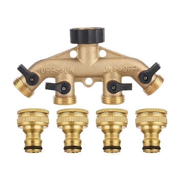 4 Way Solid Brass Hose Splitter 4 Way Hose Fitting with Shut Off Valves, 3/4 Tap and Sockets
