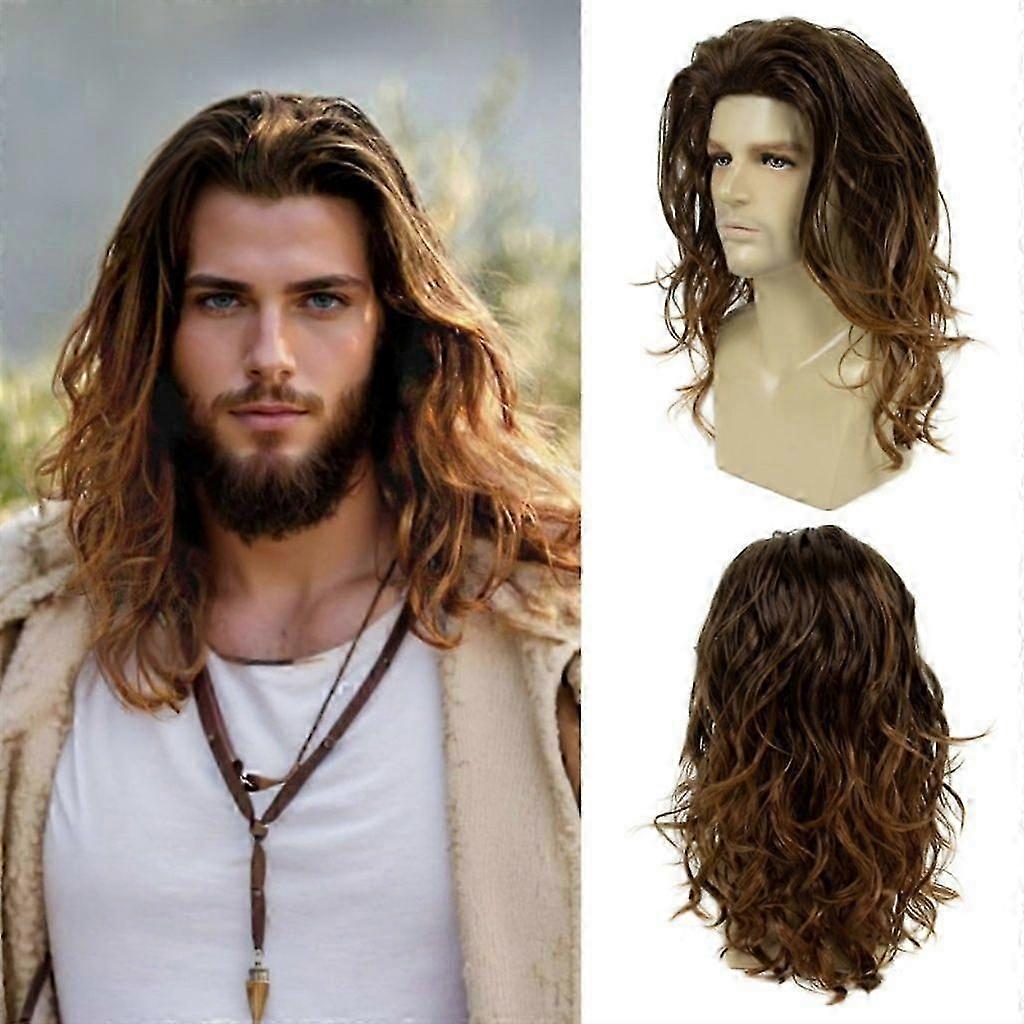 2025New style Men's Long Wig Brown Curly Fluffy Wig, Synthetic Hair Daily Party