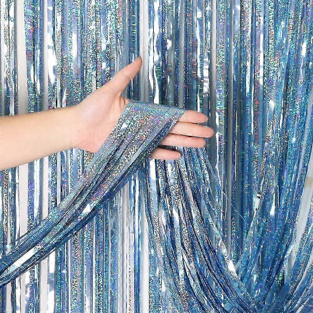 4pcs Blue Metallic Tassel Curtains - Glitter Sequin Photo Booth Party Decor
