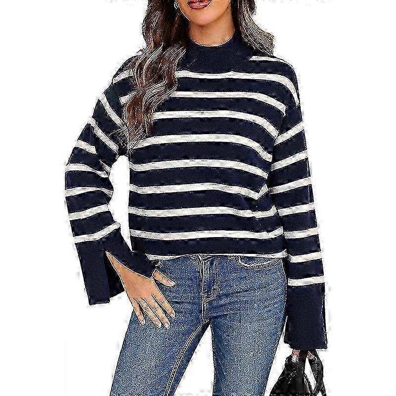 Damen Langarm Stehkragen Gerippter Pullover Pullover, grob gestrickter locker gestreifter Pullover