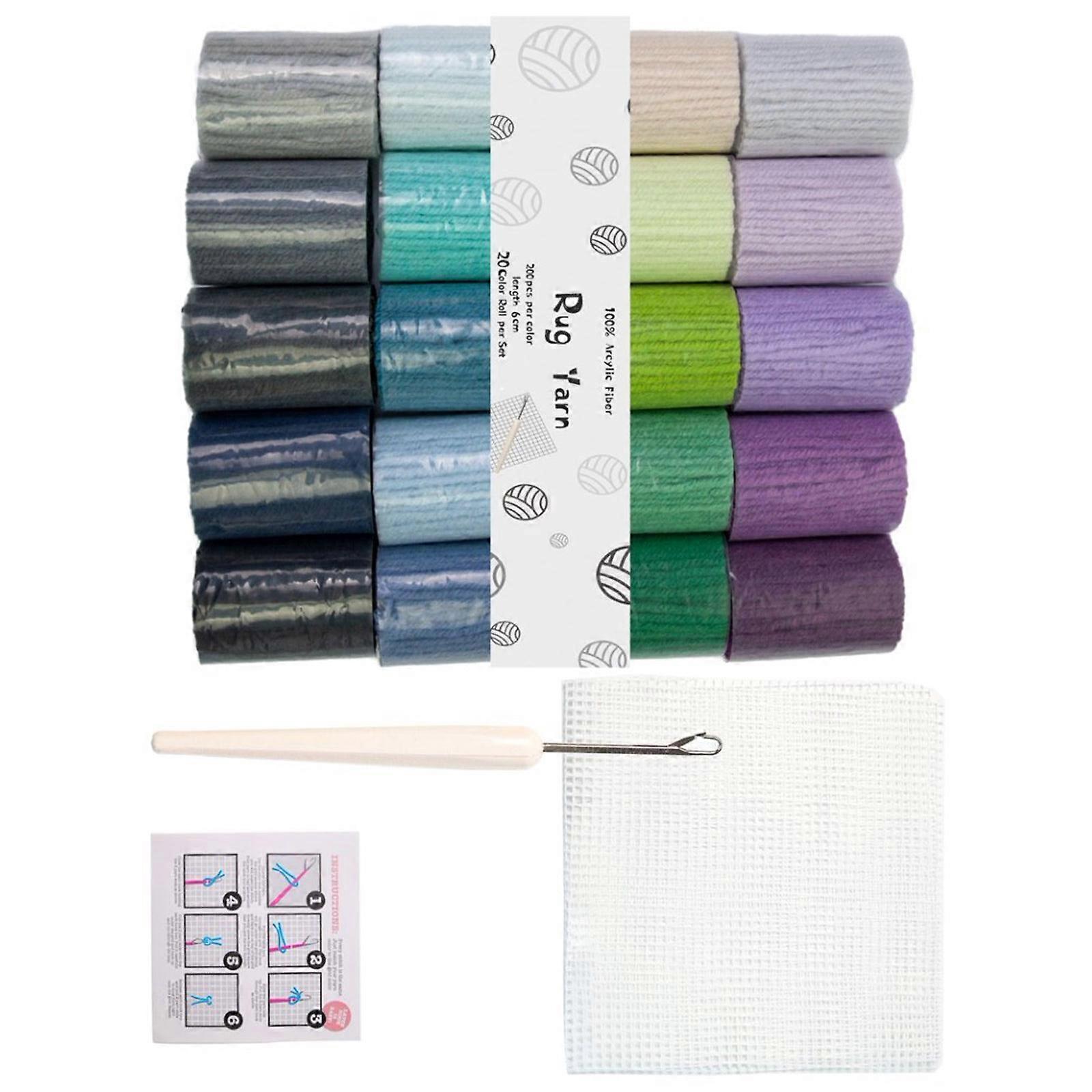 Rug Making Embroidery Set 20 Color Acrylic Yarn Thread Latching Hook and 50x50cm Mesh Fabric For Carpet Crafting Multicolor